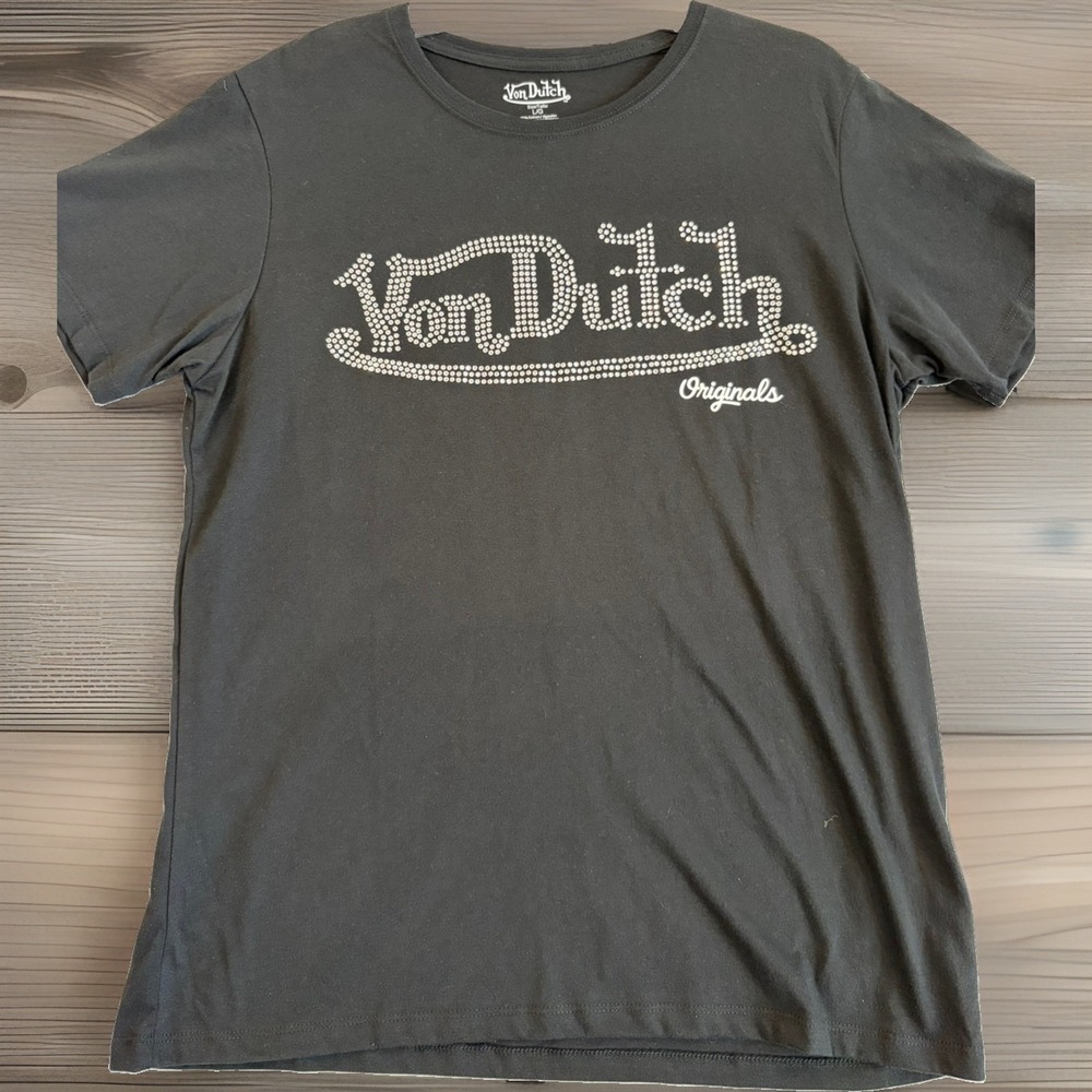NWT Von Dutch Men's Large Rhinestone Blk Logo Graphic T-Shirt